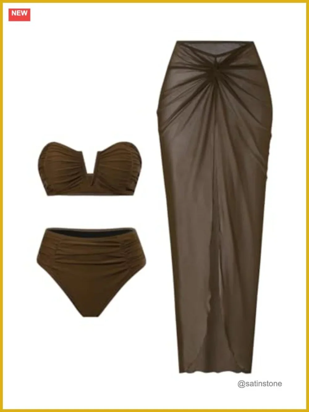 3 Piece Bandeau Bikini Set V Wired High Waisted Sheer Cover Up Skirt Bathing
